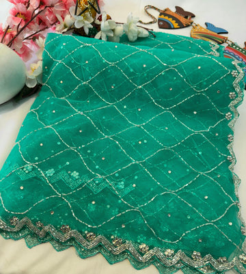 Sequin Bloom Net Saree with floral work and silver scalloped border