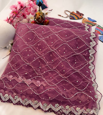 Sequin Bloom Net Saree with floral work and silver scalloped border