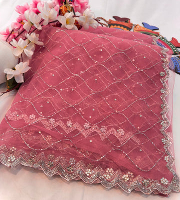 Sequin Bloom Net Saree with floral work and silver scalloped border