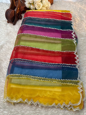 Premium multicolor tissue saree with unstitched blouse β perfect for festive and party occasions