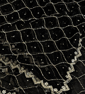 Sequin Bloom Net Saree with floral work and silver scalloped border