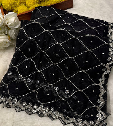 Sequin Bloom Net Saree with floral work and silver scalloped border