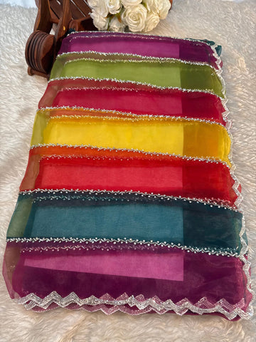 Premium multicolor tissue saree with unstitched blouse β perfect for festive and party occasions