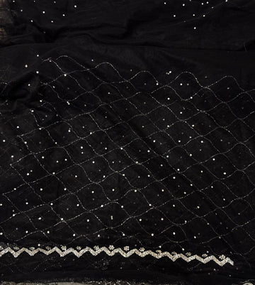 Sequin Bloom Net Saree with floral work and silver scalloped border