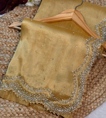 Chandaniya Silk Saree with Hand Embellished Stone Border β Jyoti Sarees