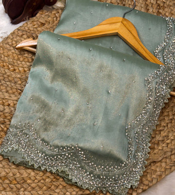 Chandaniya Silk Saree with Hand Embellished Stone Border β Jyoti Sarees