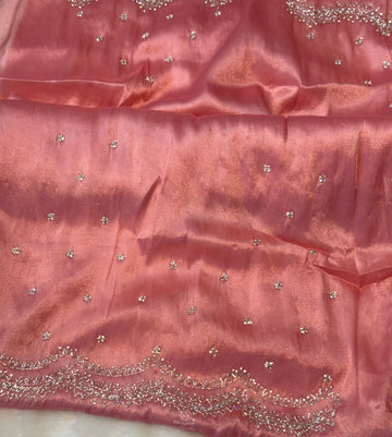 Chandaniya Silk Saree with Hand Embellished Stone Border β Jyoti Sarees