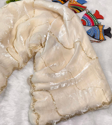 Pearl White Fendy Silk Saree with Golden Sequin Edge