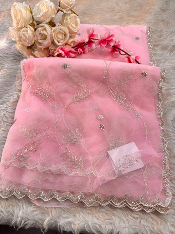 Net saree with floral sequin embroidery, leaf vine motifs, and zigzag border work β includes unstitched blouse