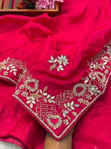 HO Silk saree in rani and baby pink with heart motifs, mirror work and embroidered blouse β Jyoti Sarees festive collection