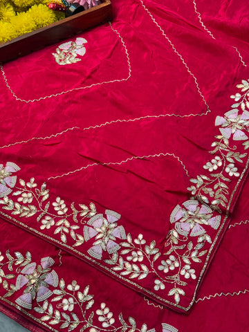 HO silk saree with scalloped floral embroidery border and hand-embroidered diamond motifs – Jyoti Sarees