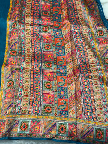 Silk Patola Print Saree with Multicolour Peacock and Floral Motifs โ Jyoti Sarees
