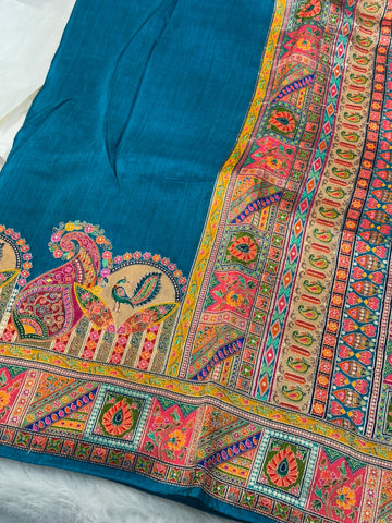 Silk Patola Print Saree with Multicolour Peacock and Floral Motifs โ Jyoti Sarees