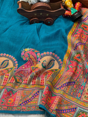 Silk Patola Print Saree with Multicolour Peacock and Floral Motifs โ Jyoti Sarees