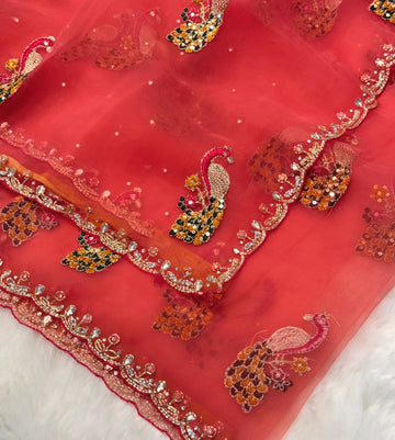 Dusty mauve glass tissue saree with peacock embroidery and unstitched blouse β Jyoti Sarees