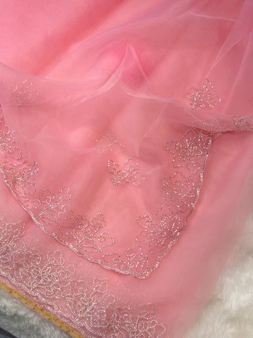 Glass tissue saree with silver floral embroidery and scalloped borders – includes unstitched blouse