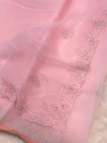 Glass tissue saree with silver floral embroidery and scalloped borders – includes unstitched blouse