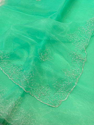 Glass tissue saree with silver floral embroidery and scalloped borders – includes unstitched blouse