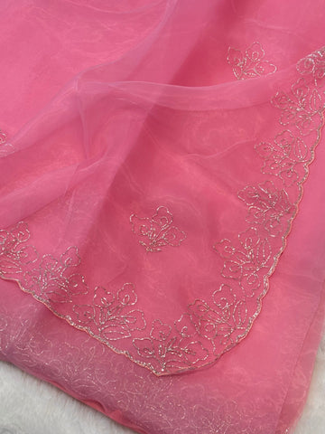 Glass tissue saree with silver floral embroidery and scalloped borders – includes unstitched blouse