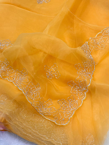 Glass tissue saree with silver floral embroidery and scalloped borders – includes unstitched blouse