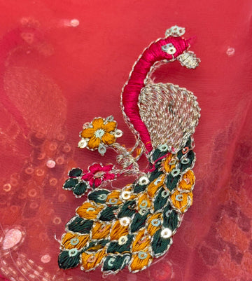 Dusty mauve glass tissue saree with peacock embroidery and unstitched blouse β Jyoti Sarees