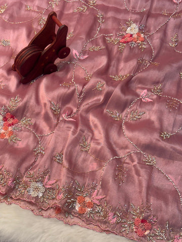 Chandaniya silk saree with floral pearl embroidery and scalloped golden border β Jyoti Sarees