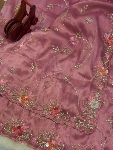 Chandaniya silk saree with floral pearl embroidery and scalloped golden border β Jyoti Sarees