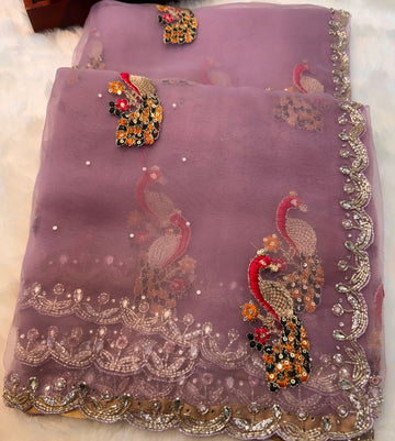 Dusty mauve glass tissue saree with peacock embroidery and unstitched blouse β Jyoti Sarees