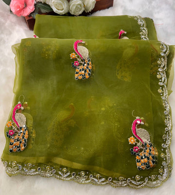 Dusty mauve glass tissue saree with peacock embroidery and unstitched blouse β Jyoti Sarees