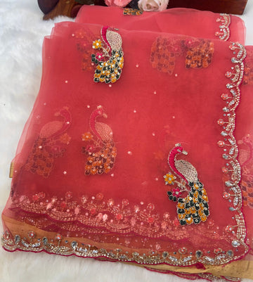 Dusty mauve glass tissue saree with peacock embroidery and unstitched blouse β Jyoti Sarees