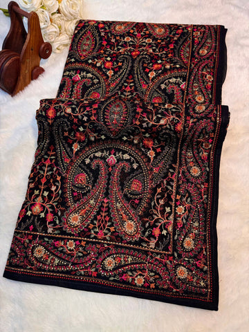 Kashmiri embroidery georgette saree in black with traditional paisley motifs – Jyoti Sarees