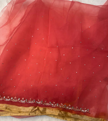 Dusty mauve glass tissue saree with peacock embroidery and unstitched blouse β Jyoti Sarees