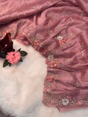 Chandaniya silk saree with floral pearl embroidery and scalloped golden border β Jyoti Sarees