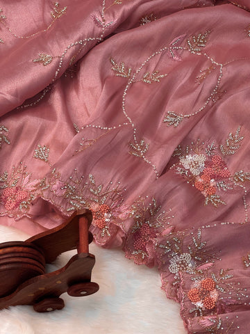 Chandaniya silk saree with floral pearl embroidery and scalloped golden border β Jyoti Sarees