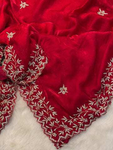 Fendy silk saree with stone floral embroidery and scalloped border in wine and rani pink color