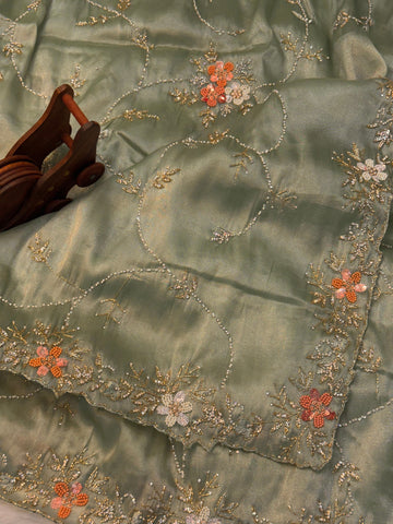 Chandaniya silk saree with floral pearl embroidery and scalloped golden border β Jyoti Sarees