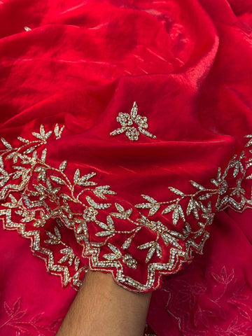 Fendy silk saree with stone floral embroidery and scalloped border in wine and rani pink color