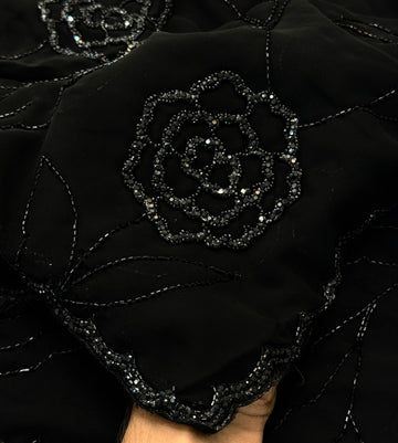 Black georgette saree with floral cutdana and sequin work – premium designer partywear saree for women