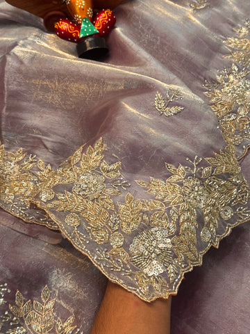 Premium saree with antique gold floral embroidery, scalloped border, and designer blouse β Jyoti Sarees