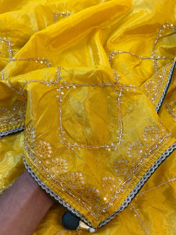 Yellow Special Crunchy Silk Saree with diamond sequin embroidery, scalloped tassel border, and contrast blouse piece