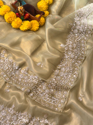 Onyx silk saree with heavy floral sequin embroidery and scalloped border โ Jyoti Sarees