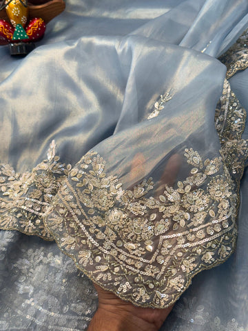 Onyx silk saree with heavy floral sequin embroidery and scalloped border โ Jyoti Sarees