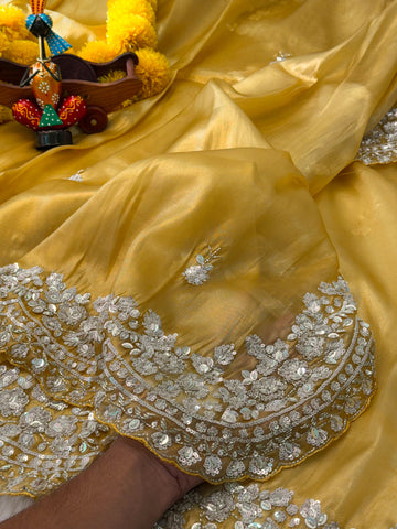 Onyx silk saree with heavy floral sequin embroidery and scalloped border โ Jyoti Sarees