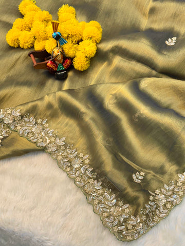 Zari art silk saree in olive green with sequin floral embroidery, scalloped border, and matching blouse β Jyoti Sarees
