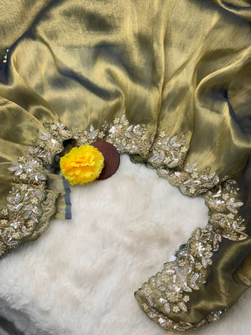 Zari art silk saree in olive green with sequin floral embroidery, scalloped border, and matching blouse β Jyoti Sarees