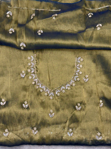 Zari art silk saree in olive green with sequin floral embroidery, scalloped border, and matching blouse β Jyoti Sarees