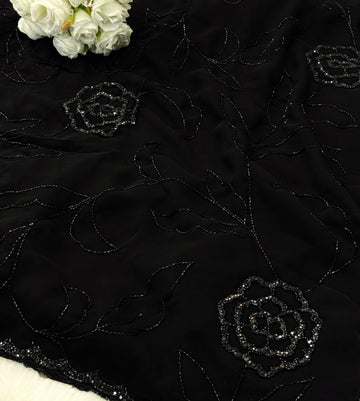 Black georgette saree with floral cutdana and sequin work – premium designer partywear saree for women