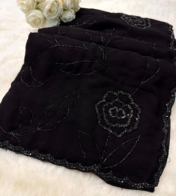 Black georgette saree with floral cutdana and sequin work – premium designer partywear saree for women