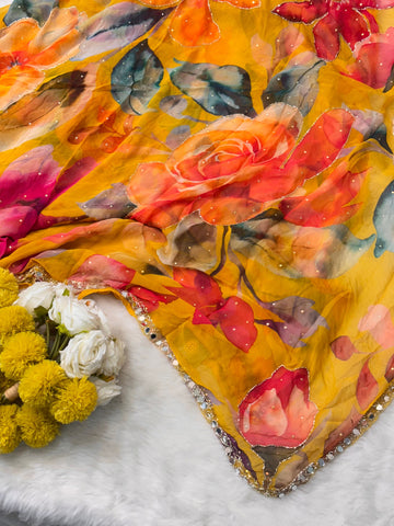 Pure chiffon saree with watercolor floral print and mirror work border β available in yellow, white, rani pink, teal, and red β Jyoti Sarees