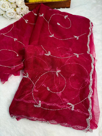 maroon Net Saree with Cutdana Handwork and Scalloped Border – Jyoti Sarees